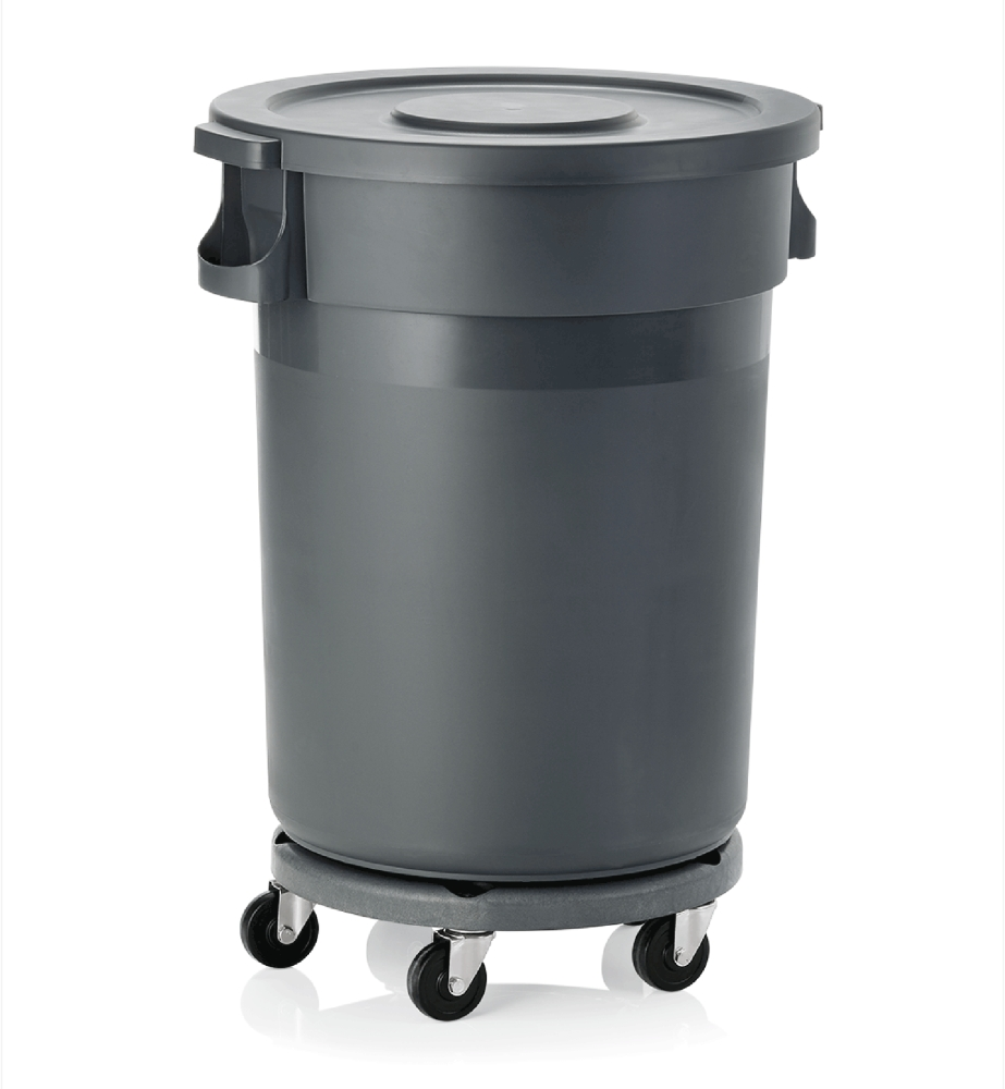 Abfallbehälter mit Transporttrolley und Flachdeckel, 120 ltr., Ø 46 cm, Polypropylen